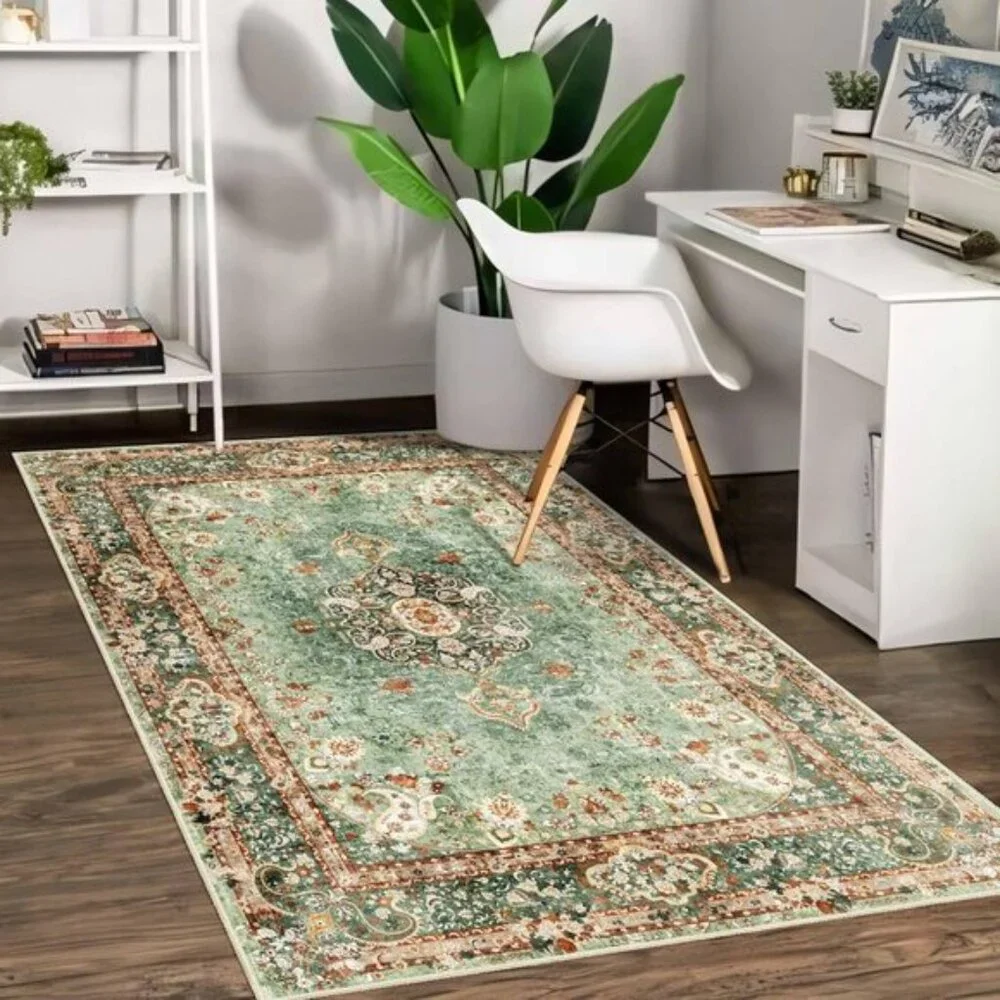 New 3x5 Green Area Rug, Washable Vintage Distressed Non-Slip Carpet for Home